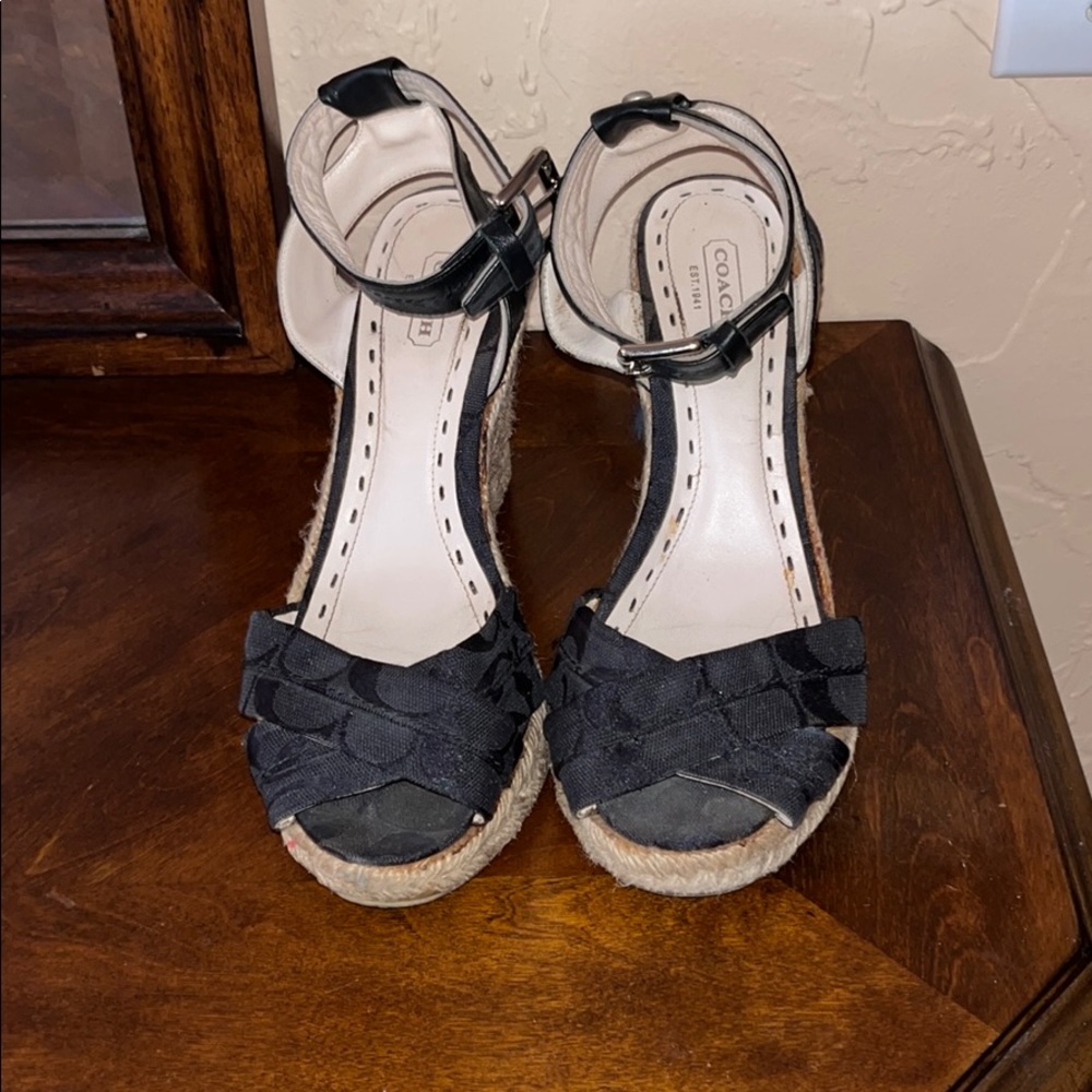 Black Coach wedge heels with ankle strap